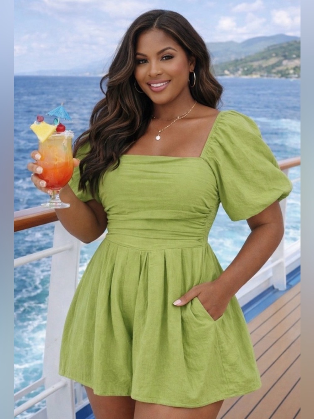 Boutique Green Boho Smocked Back Romper, 2x, EUC!